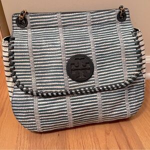Tory Burch woven shoulder or crossbody bag, blue and white